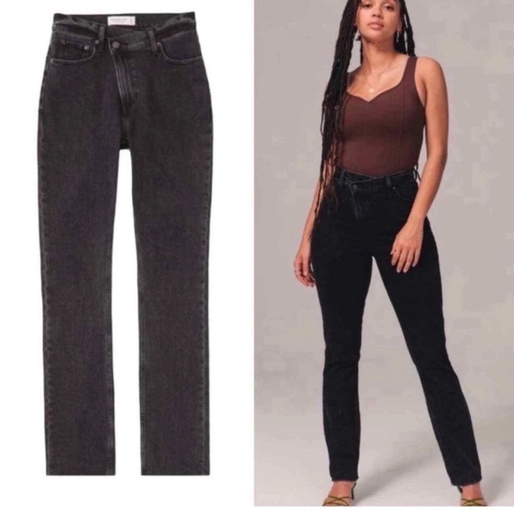 Abercrombie & Fitch 90s Slim Straight Ultra Rise Black Jeans Crossover Waist 25